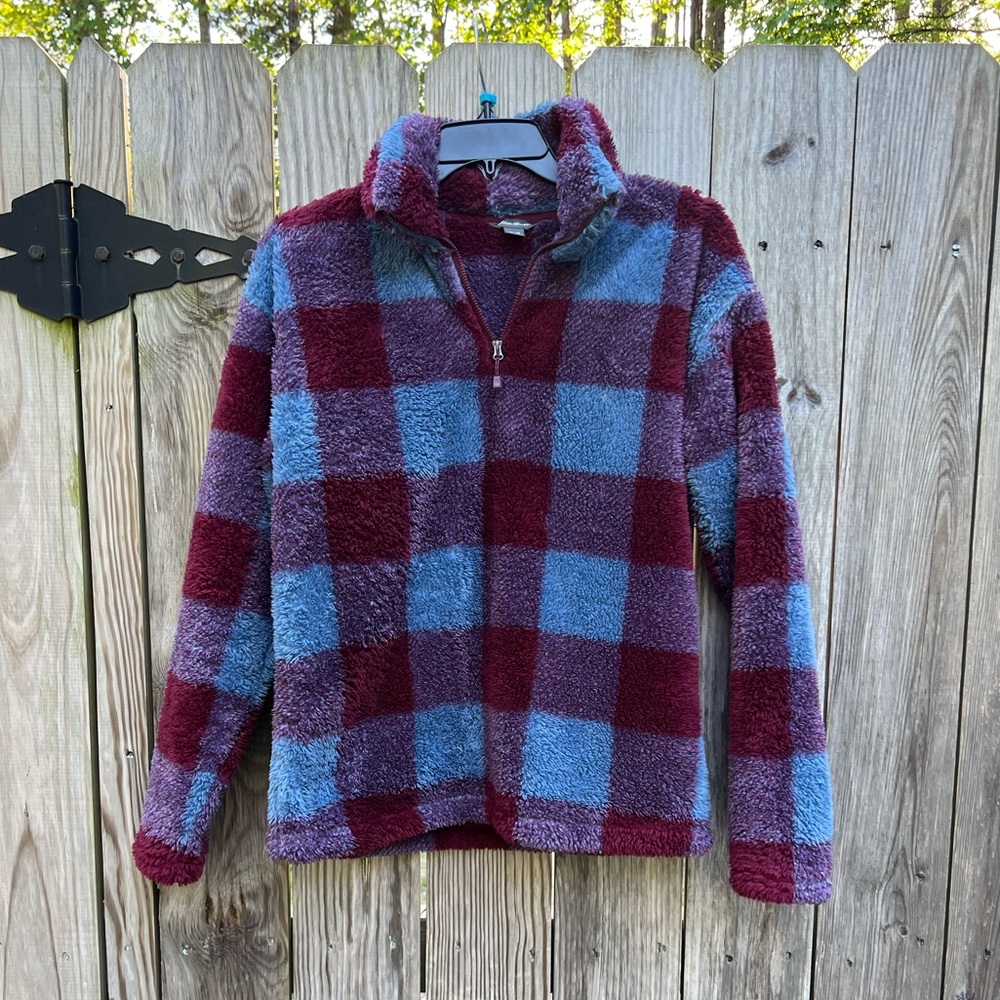 Eddie Bauer Purple Burgundy Plaid Teddy Fleece Jacket size Med - Picture 5 of 12